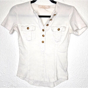 Vintage Y2K Babydoll Tee Medium White Gold Button Up Military Henley Top T Shirt